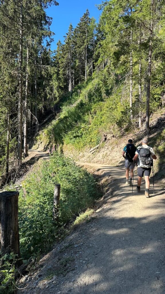 Deux randonneurs sur un sentier en forêt pendant le Tour du Mont Blanc